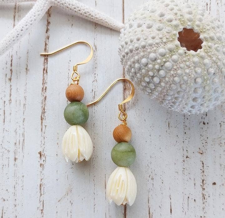 Pikake Flower (Jade | Sandalwood | Hawaiian Flower) Earrings - Ocean Drift Jewelry